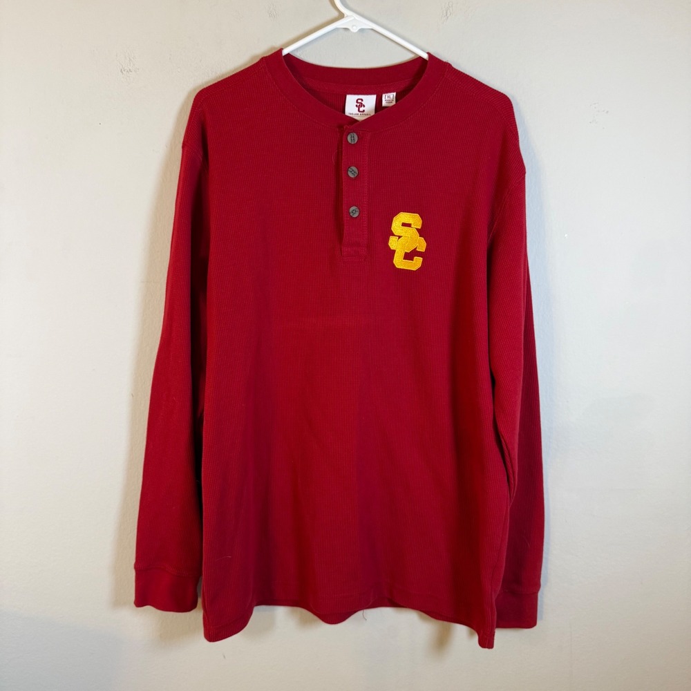 Trojan Apparel USC Trojans Henley Shirt Mens XL Red Waffle Knit Long Sleeve Logo